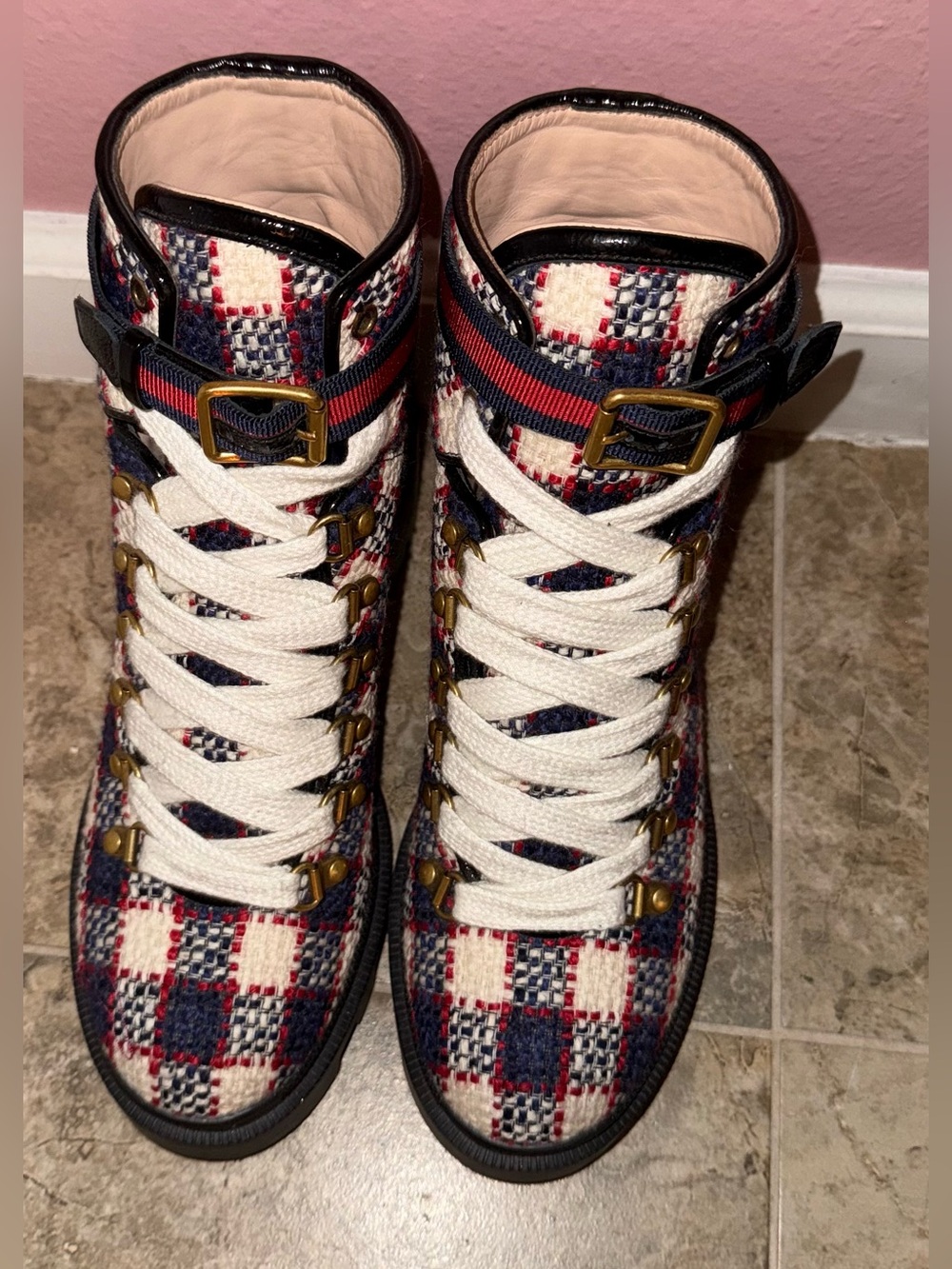 Gucci Sylvie Web Accent Tweed Combat Boots - Picture 3 of 9
